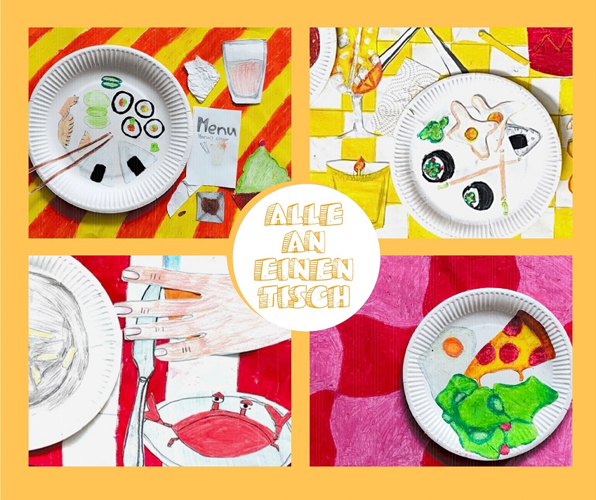 Vier mit Speisen bunt bemalte Pappteller